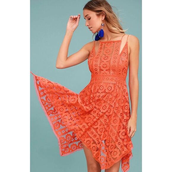 Free People Just Like Honey Orange Coral Lace Handkerchief Asymmetrical Dress - Picture 2 of 15